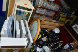 HOUSEHOLD SUNDRIES, two boxes and loose of household sundries including pots, pans, plates, mugs,