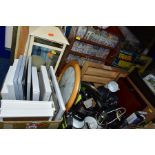 HOUSEHOLD SUNDRIES, two boxes and loose of household sundries including pots, pans, plates, mugs,