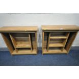 A PAIR OF SOLID OAK OPEN BOOKCASES/CD RACKS with two shelves (one missing shelf peg and one unit