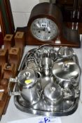 A 1920'S OAK CASED DOME TOP MANTEL CLOCK, A GROUP OF OLD HALL STAINLESS STEEL TEAWARES AND A PAIR OF