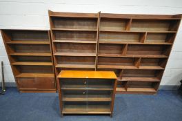 TWO BESPOKE HARDWOOD OPEN BOOKCASES, largest bookcase width 153cm x depth 23cm x height 182cm, a