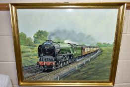 LES PERRIN (BRITISH, LATE 20TH CENTURY), 'THE QUEEN OF SCOTS', a steam locomotive 60116 pulling