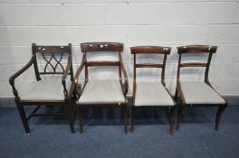 A REGENCY MAHOGANY BAR BACK SABLE LEG CARVER CHAIR, a pair of similar chairs and a Georgian mahogany