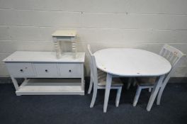 A WHITE PAINTED EXTENDING DINING TABLE, two chairs, a low sideboard with three drawers and an