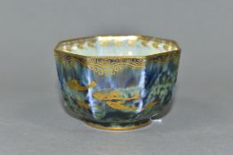 A WEDGWOOD BONE CHINA LUSTRE OCTAGONAL BOWL, Z4831, mottled green/ blue exterior with scrolled