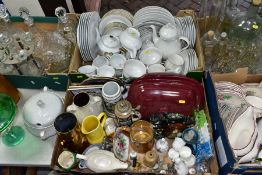 FIVE BOXES AND LOOSE CERAMICS AND GLASS ETC, to include Waterford Marquis and Thomas Webb decanters,