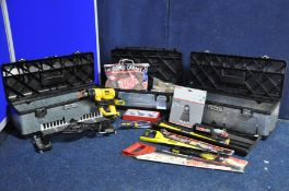 THREE STANLEY TOOL BOXES containing a selection of different tools to include a number of saws,