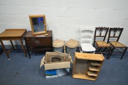 A SELECTION OF OCCASIONAL FURNITURE, to include a small oak desk, mahogany drop leaf tea trolley,