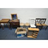 A SELECTION OF OCCASIONAL FURNITURE, to include a small oak desk, mahogany drop leaf tea trolley,