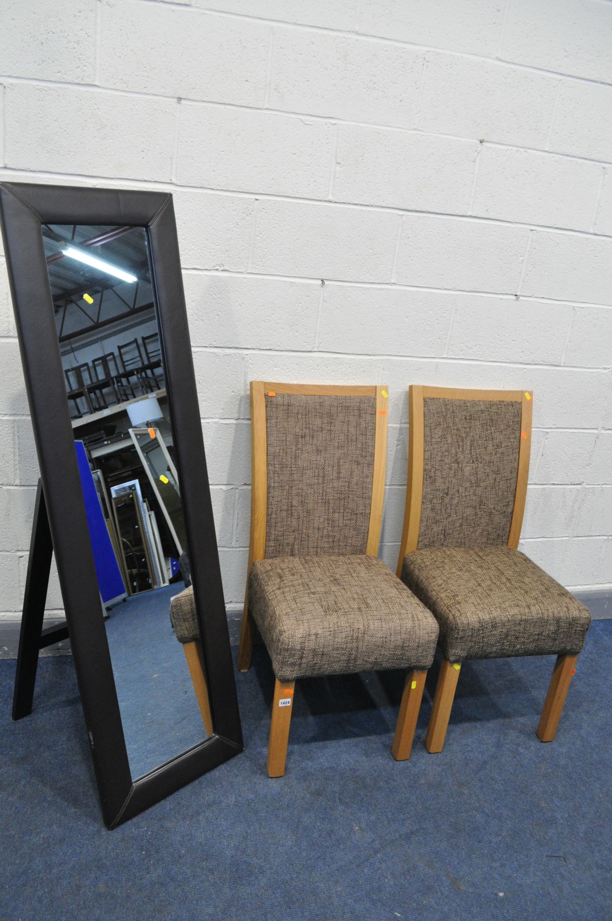 A PAIR OF LIGHT OAK DINING CHAIRS, and a brown leatherette rectangular floor mirror (3)