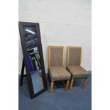 A PAIR OF LIGHT OAK DINING CHAIRS, and a brown leatherette rectangular floor mirror (3)