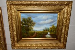 K STEVENS (CONTEMPORARY) TWO LANDSCAPE OILS ON BOARD PAINTED IN A LATE 18TH CENTURY STYLE, signed