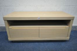 A WINSOR TIBRO OAK TV STAND, with cut-away drawer pulls, soft close and two drawers, new and unused,