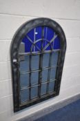 A METAL ARCHED PANEL EFFECT WALL MIRROR, with double opening doors, 75cm x 115cm