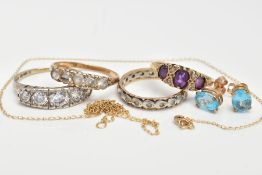 A 9CT GOLD AMETHYST RING AND A SELECTION OF JEWELLERY, the ring, set with three oval cut amethysts