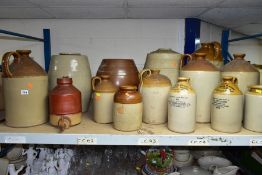 FOURTEEN STONEWARE BOTTLES, FLAGONS AND KEGS, to include bottles printed J H Jones and Sons,