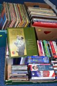 THREE BOXES OF VINYL LPS, CDS AND DVDS, to include LPs by artists including Elvis, Bruce