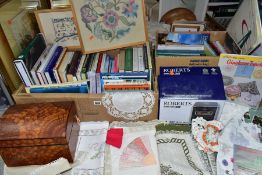 BOOKS & SUNDRIES, two boxes of books containing approximately sixty miscellaneous titles, framed