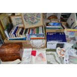 BOOKS & SUNDRIES, two boxes of books containing approximately sixty miscellaneous titles, framed