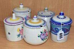 FOUR POOLE POTTERY PRESERVE JARS AND COVERS, comprising an earthenware jar, height 10cm, two bulbous