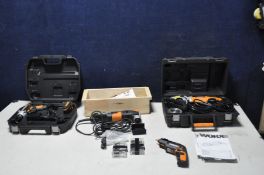 A COLLECTION OF WORX POWERTOOLS comprising of a box WX290.1 20v impact driver with one battery and