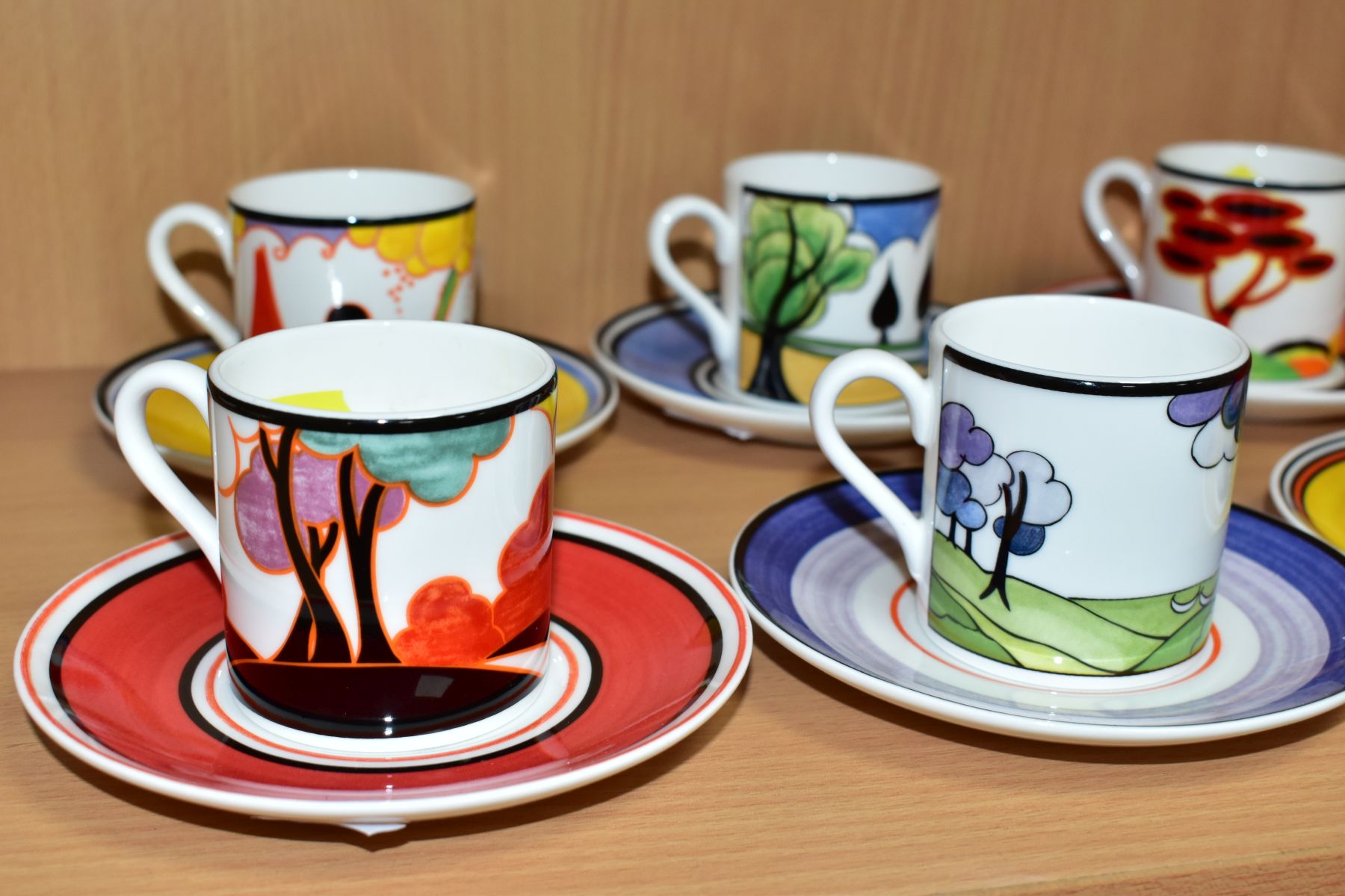 SIX WEDGWOOD / BRADFORD EXCHANGE LIMITED EDITION CLARICE CLIFF COFFEE CANS AND SAUCERS, comprising - Image 2 of 6