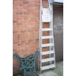 TWO PAIRS OF GREEN PAINTED CAST IRON BENCH ENDS together with a set of step ladders, height 241cm