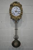 A FRENCH BRASS COMTOISE WALL CLOCK, the 9' convex dial, inscribed 'Bailey, Dijon', with pendulum