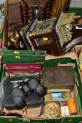 TWO BOXES OF TREEN, TINS, CLOCKS AND COLLECTABLES, including a Victorian Mauchline ware beaker