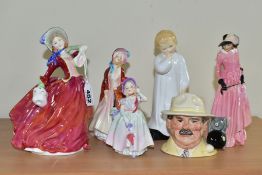 FIVE ROYAL DOULTON FIGURES AND A CHARACTER JUG, comprising 'Autumn Breezes' HN1934, 'Paisley