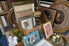 TWO BOXES AND LOOSE VINTAGE AND ANTIQUE FRAMES, OIL LAMP, CERAMICS, GLASSWARES AND SUNDRY ITEMS,