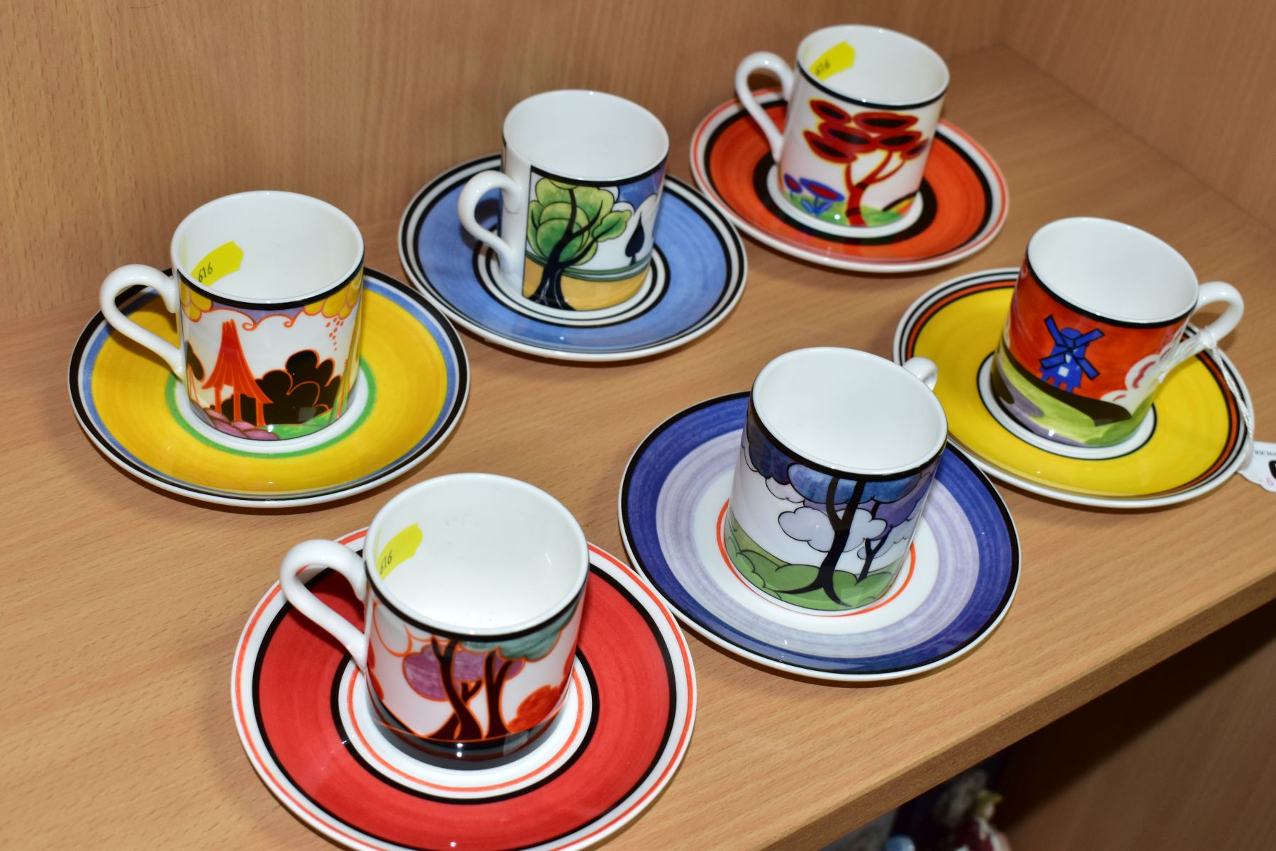 SIX WEDGWOOD / BRADFORD EXCHANGE LIMITED EDITION CLARICE CLIFF COFFEE CANS AND SAUCERS, comprising - Image 5 of 6