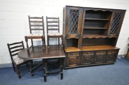 A PRIORY OAK GATE LEG TABLE, three chairs, and a two section Jaycee oak wall unit (6)