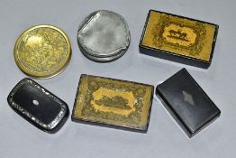 SIX NINETEENTH CENTURY SNUFF BOXES, comprising four papier mache hinged snuff boxes, two with scenes