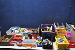 A SELECTION OF TOOLS AND SPARES to include various trays of screws, drill bits, tape measures,