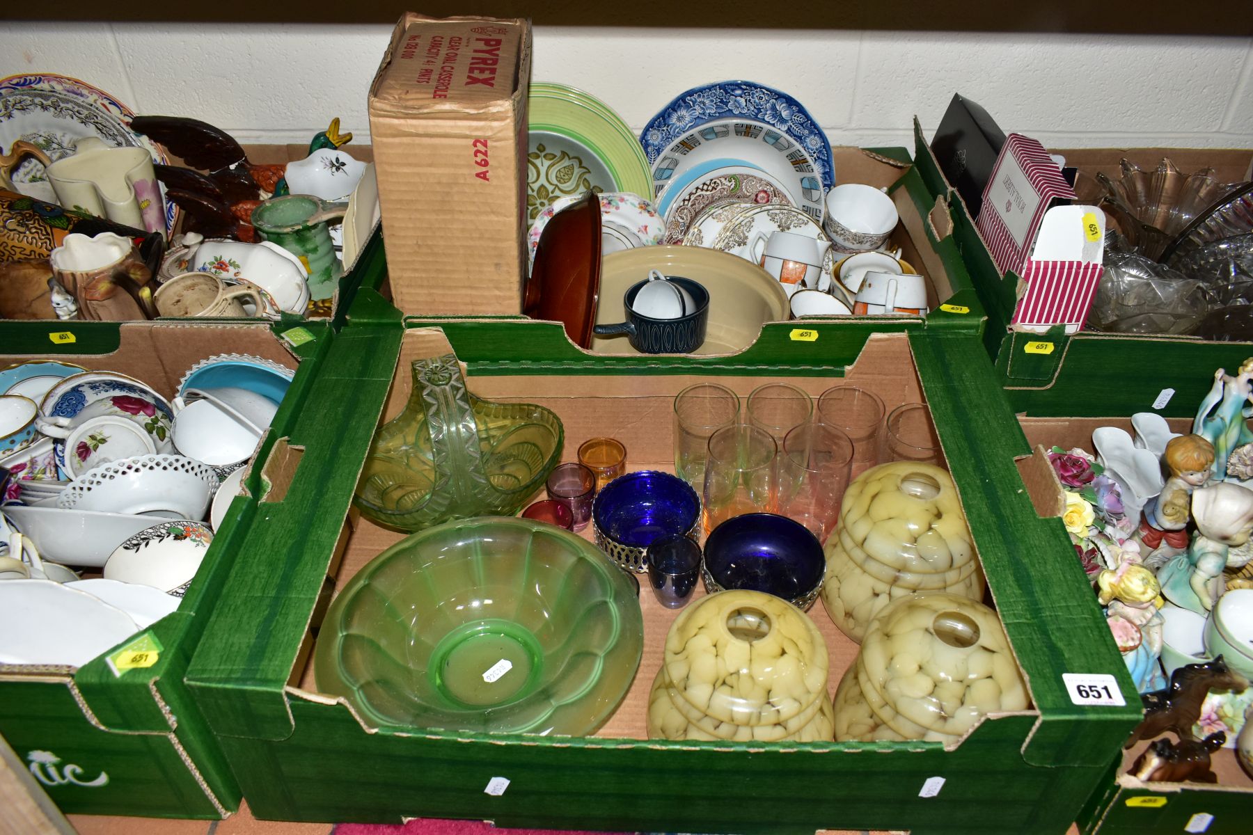 SIX BOXES OF CERAMICS AND GLASSWARE, ETC, to include a set of three mottled yellow glass