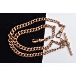 A 9CT ROSE GOLD ALBERT CHAIN, graduated curb link chain, fitted with a T-bar hallmarked 9ct gold