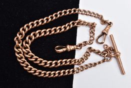 A 9CT ROSE GOLD ALBERT CHAIN, graduated curb link chain, fitted with a T-bar hallmarked 9ct gold