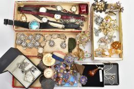 A BOX OF ASSORTED ITEMS, to include a white metal rectangular locket pendant stamped 'Sterling