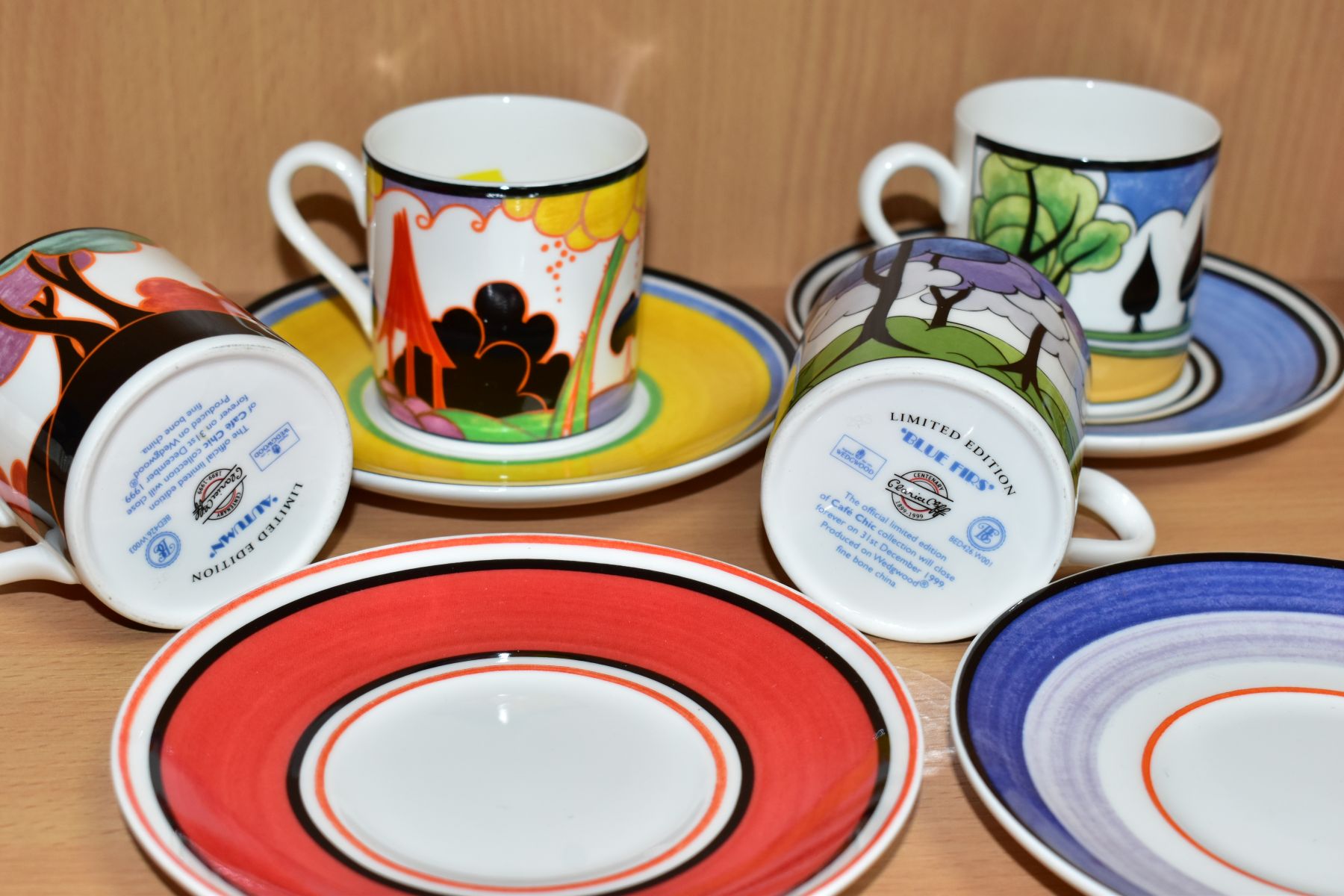 SIX WEDGWOOD / BRADFORD EXCHANGE LIMITED EDITION CLARICE CLIFF COFFEE CANS AND SAUCERS, comprising - Image 4 of 6