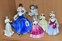 SEVEN COALPORT FIGURES AND A ROYAL DOULTON FIGURE, the Royal Doulton 'Sentiments Greetings' HN4250