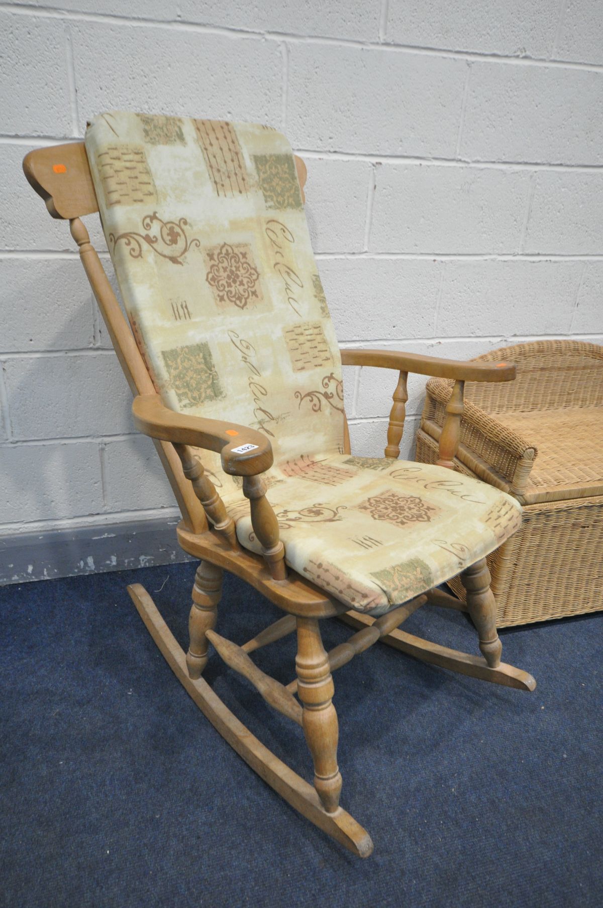 A BEECH WINDSOR ROCKING CHAIR, and a wicker window seat with a hinged storage compartment, length - Image 2 of 3