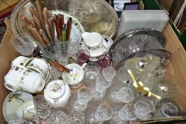 A BOX OF CERAMICS, GLASSWARE AND METALWARE, including a Royal Crown Derby 'Derby Posies' ginger