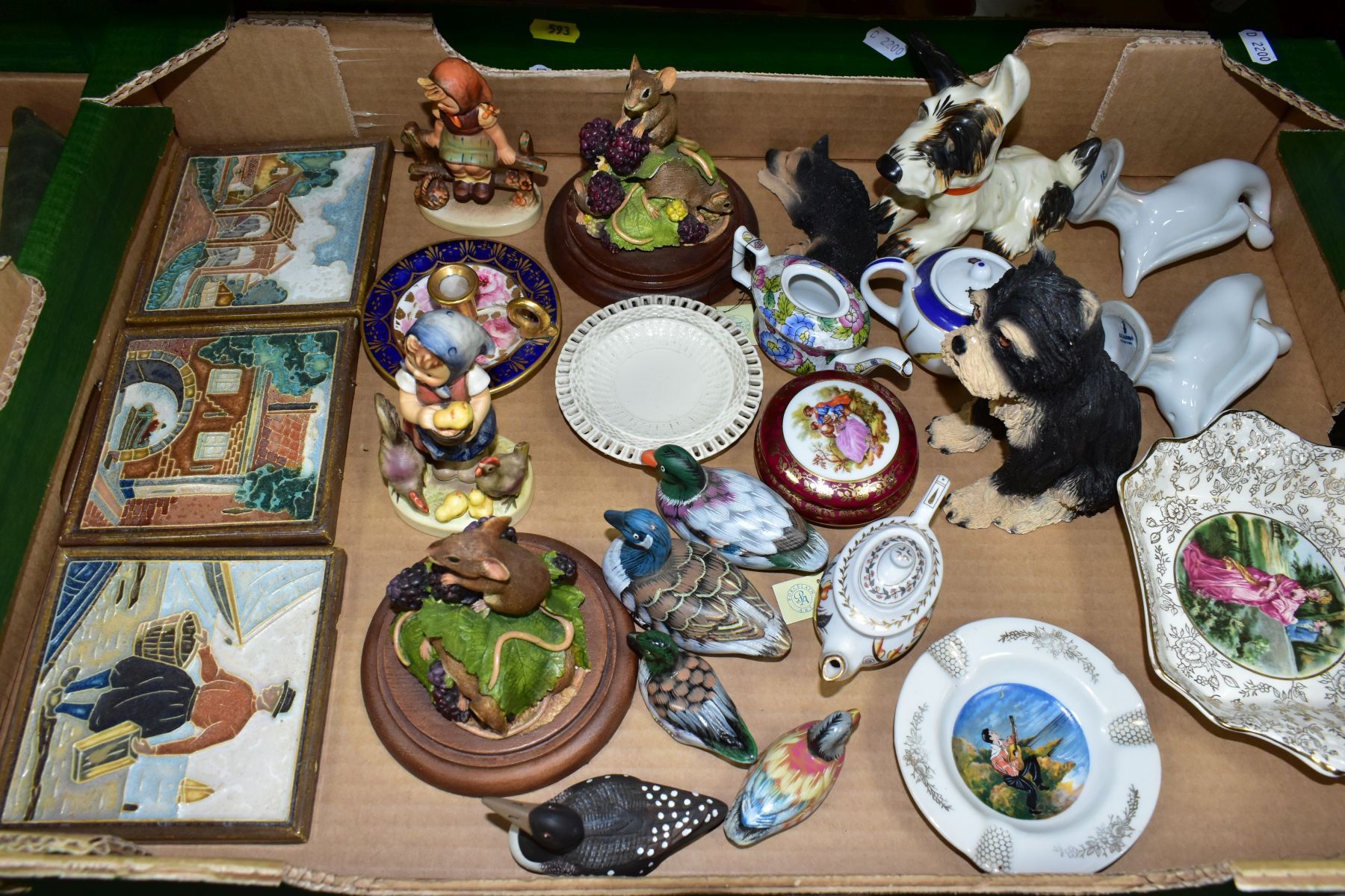 TWO BOXES OF CERAMIC ORNAMENTS ETC, to include two Lladro geese, a Crown Devon terrier height - Image 2 of 8