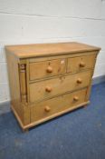 A VICTORIAN PINE CHEST OF TWO SHORT AND TWO LONG DRAWERS, width 93cm x depth 46cm x height 80cm