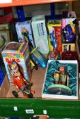 A QUANTITY OF BOXED MODERN TINPLATE BATTERY OPERATED, CLOCKWORK AND FRICTION DRIVE TOYS, not tested,