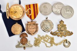 A BAG OF ASSORTED ITEMS, to include a novelty 'Timex' pocket watch, three commemorative coins, three
