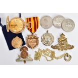 A BAG OF ASSORTED ITEMS, to include a novelty 'Timex' pocket watch, three commemorative coins, three