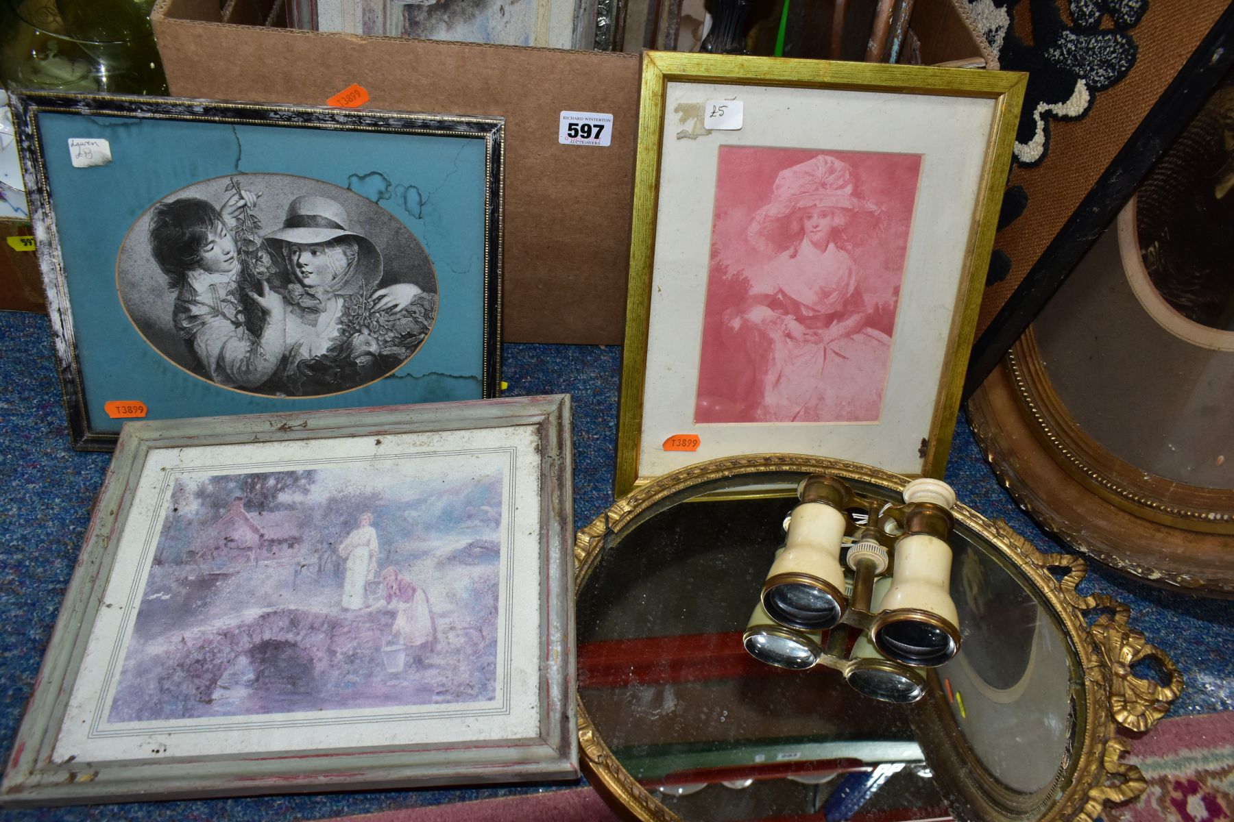 TWO BOXES AND LOOSE VINTAGE AND ANTIQUE FRAMES, OIL LAMP, CERAMICS, GLASSWARES AND SUNDRY ITEMS, - Image 2 of 7