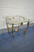 A FRENCH BRASS OCCASIONAL TABLE, with a wavy glass top, 51cm squared x height 46cm